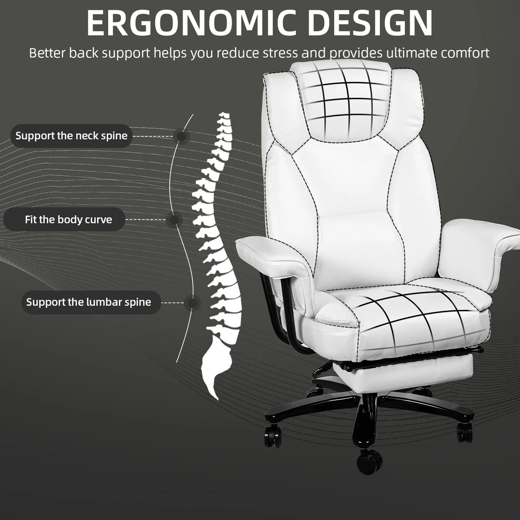 White Ergonomic PU Leather Reclining Office Chair with Footrest B4469
