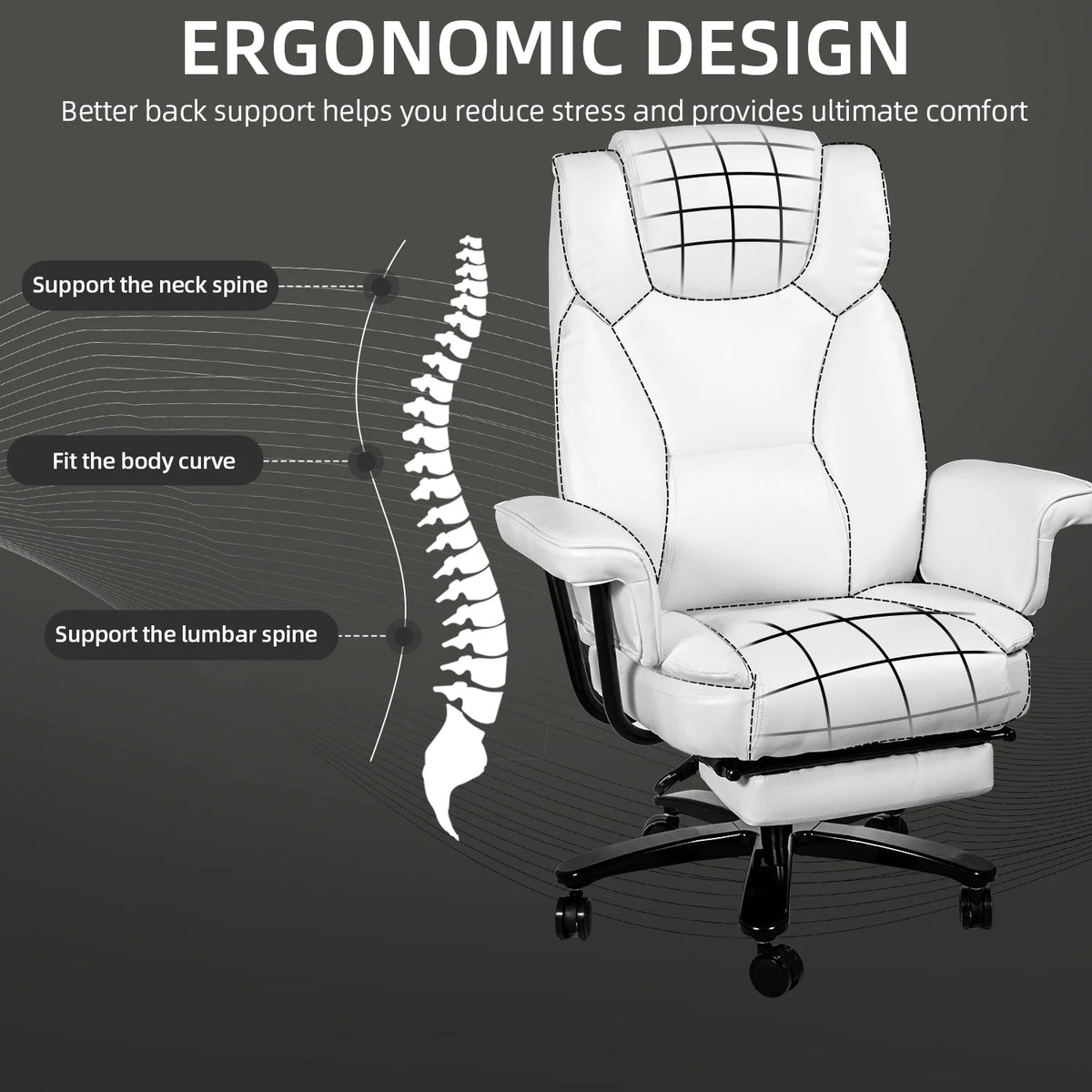 White Ergonomic PU Leather Reclining Office Chair with Footrest B4469