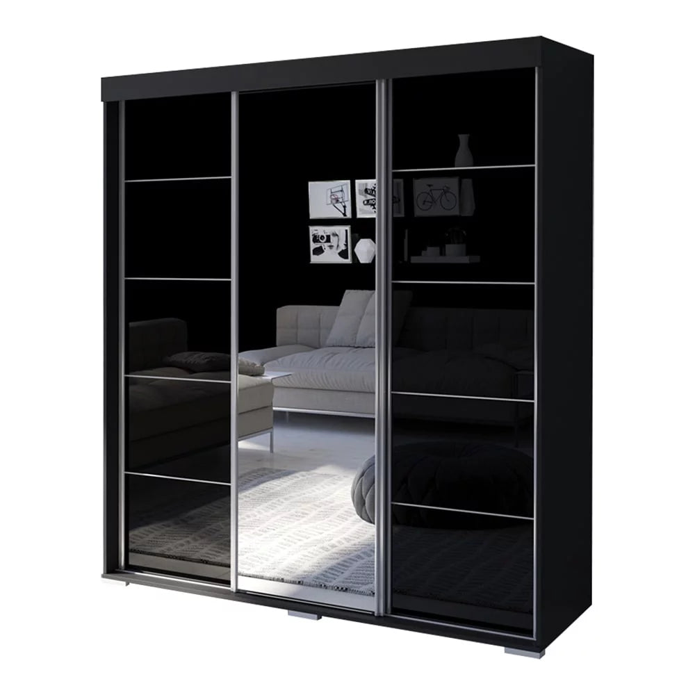 Black 3-door Wardrobe Armoire with Mirror A980