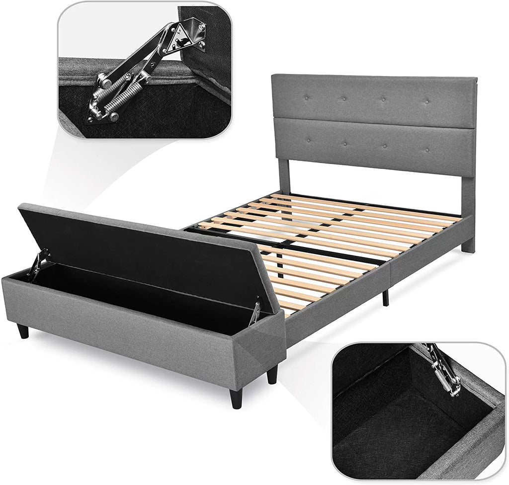 Gray Queen Platform Bed Frame with Storage Ottoman Bench & Headboard R457178