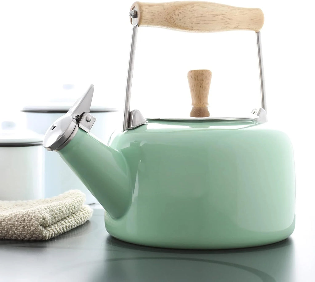 Enamel On Steel Whistling Teakettle with Wood Handle, 1.4 Quarts R974735