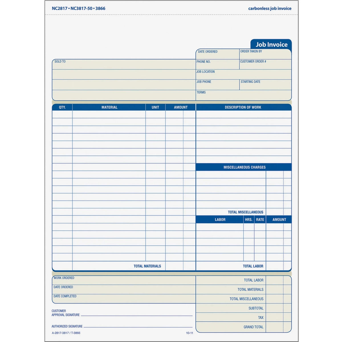 Three-Part Carbonless Job Invoice Forms, 50 / Pack R71808