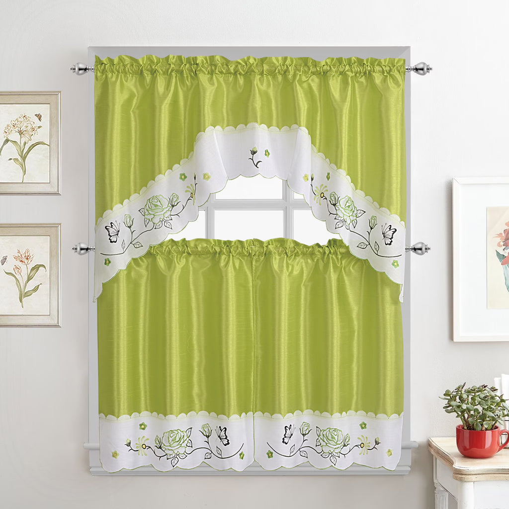 Green Embroidered 3-Piece Kitchen Curtain Tiers & Swag Set, 58x36 & 28x36 inches Y57718