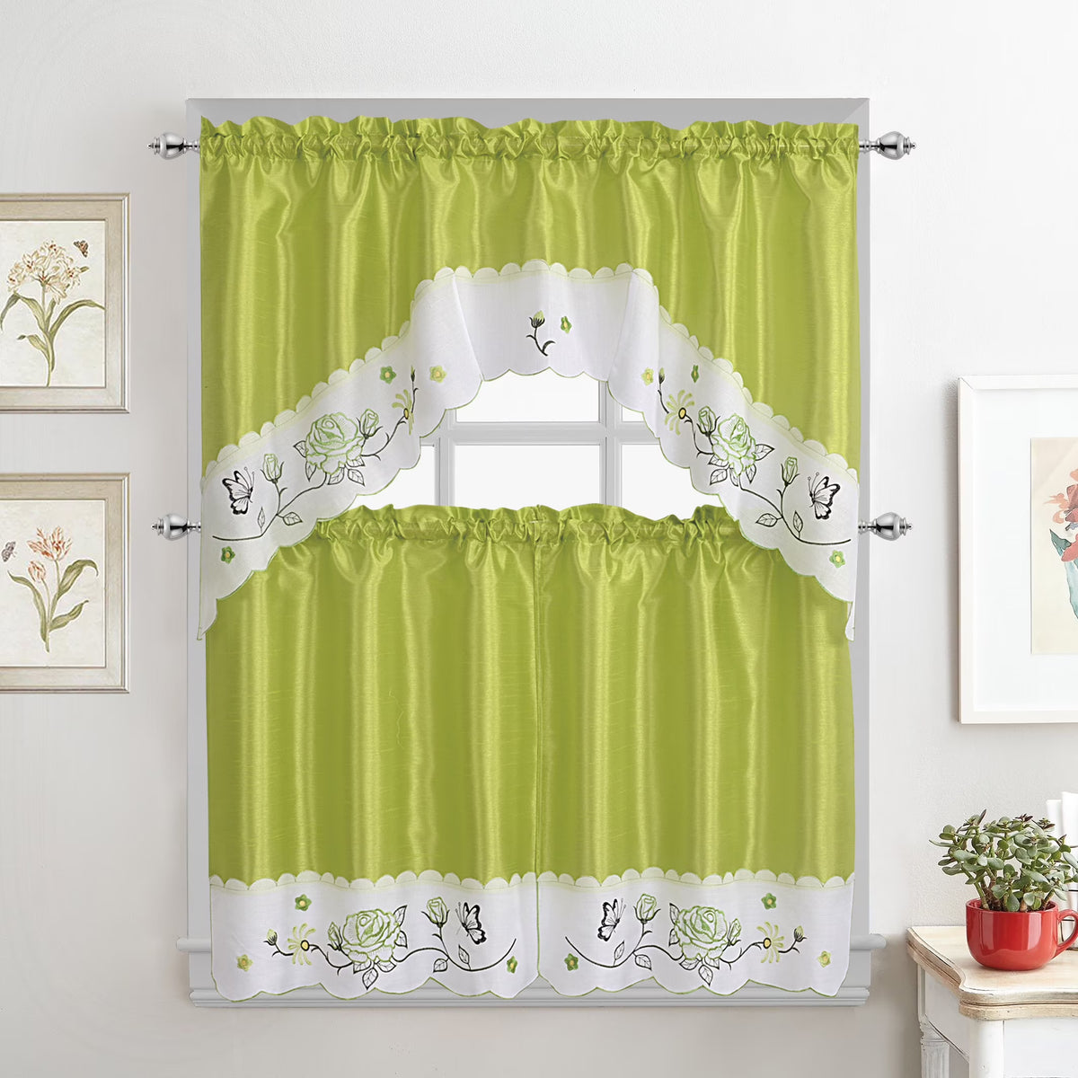 Green Embroidered 3-Piece Kitchen Curtain Tiers & Swag Set, 58x36 & 28x36 inches Y57718