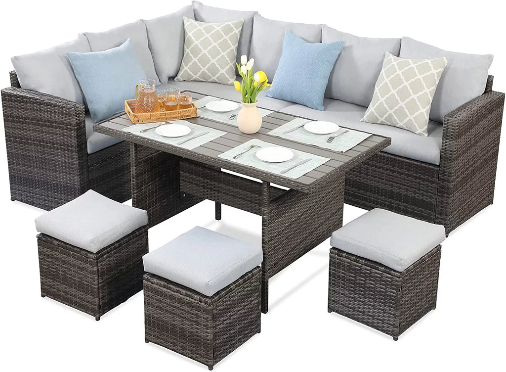 7 Piece All Weather Wicker Outdoor Sofa Set with Dining Table and Ottoman P796