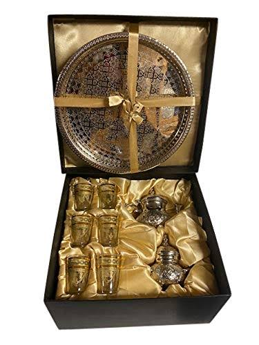 Moroccan Tea Serving Set with Teapot 6 Glasses & Sugar Jar Silver Tray W497959