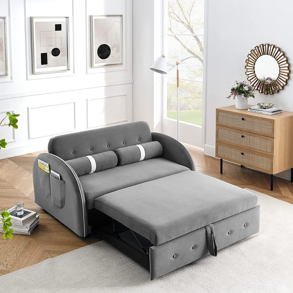 Grey Velvet Convertible Sleeper Sofa Bed with Lumbar Pillows F16199