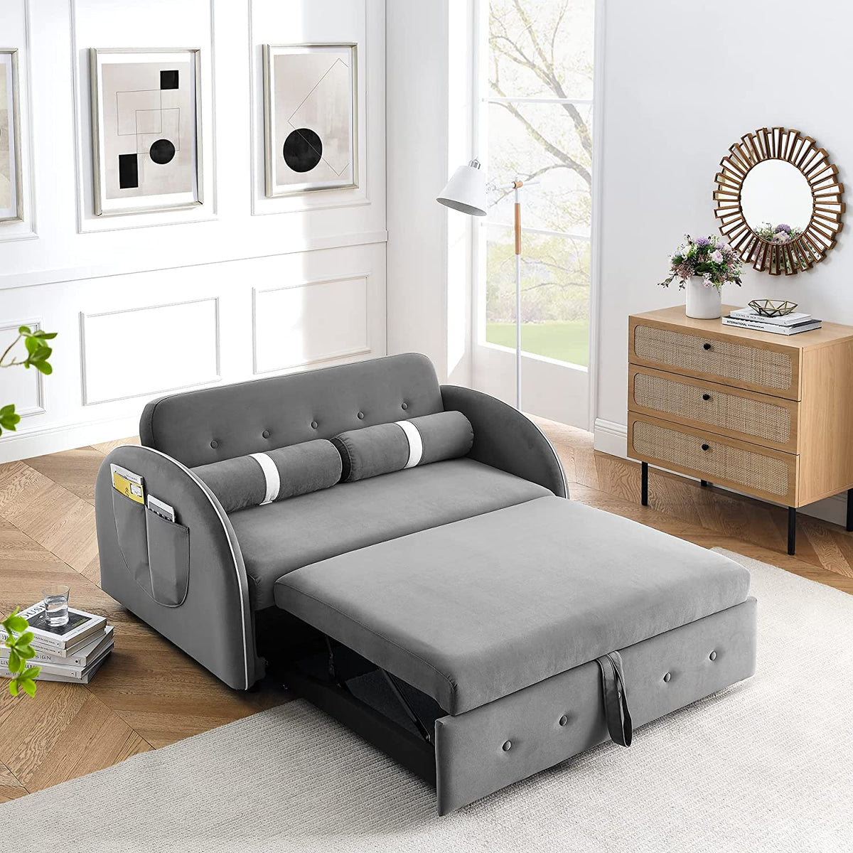 Grey Velvet Convertible Sleeper Sofa Bed with Lumbar Pillows F16199