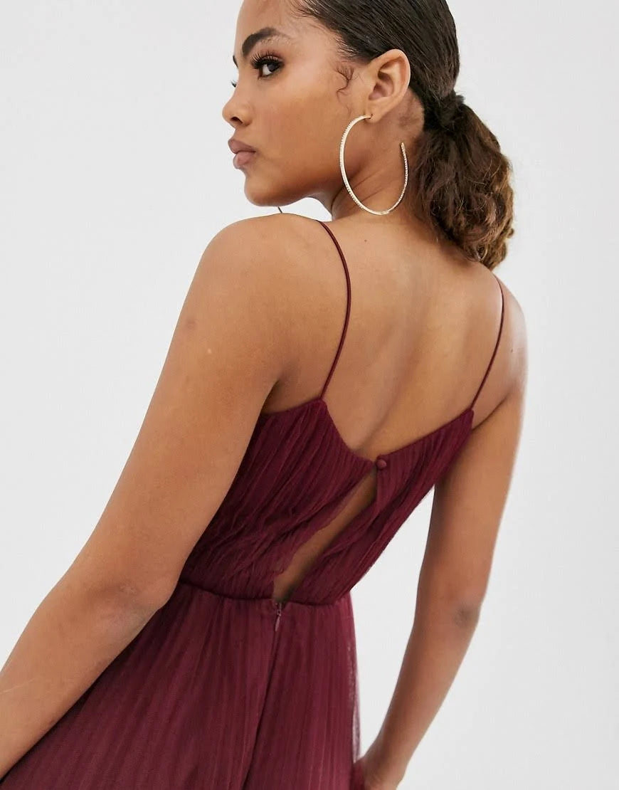 Tall Cami Pleated Tulle Maxi Dress in oxblood-Red W37738