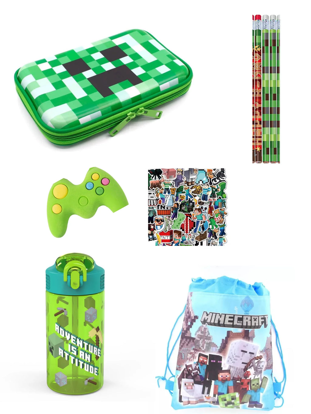 Pencil Case, 4 Pencils, Drawstring Backpack, Eraser, 50 Stickers and Water Bottle P18634