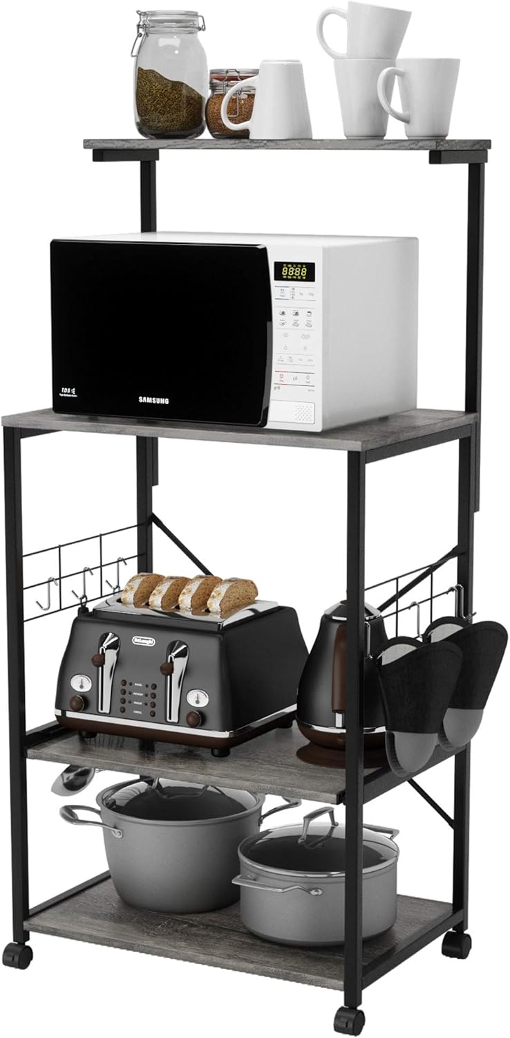 Gray 4 Tier Kitchen Bakers Rack with Storage Shelf and Oven Mitts P26516