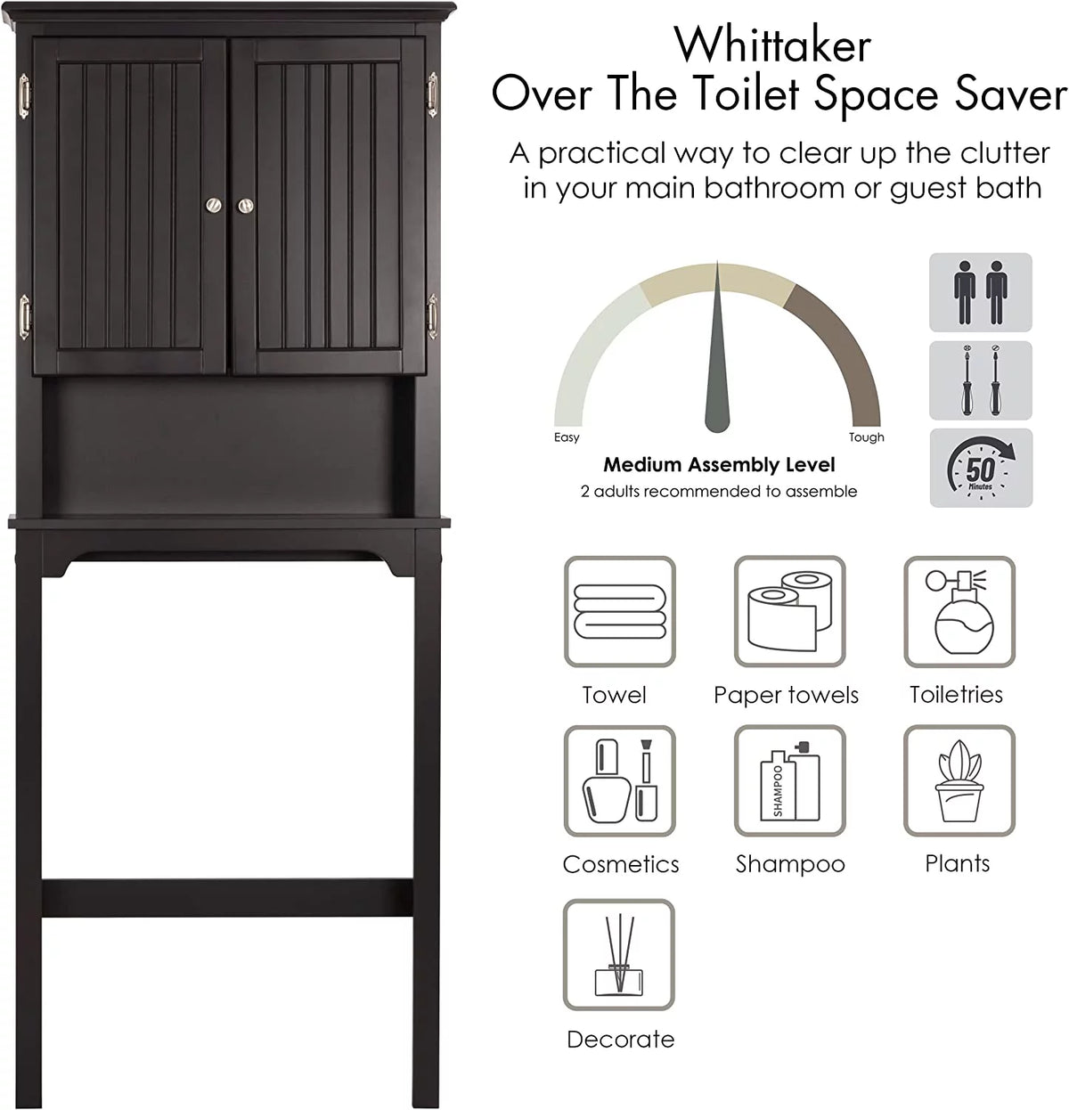 Bathroom Storage Over The Toilet Cabinet with Adjustable Shelves and Double Doors J526