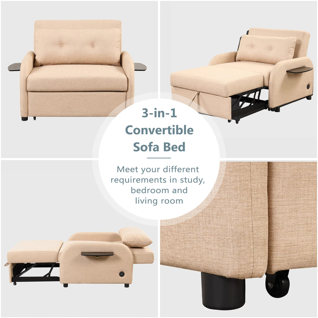Beige 3 in 1 Pull Out Sofa Sleeper with 2 Wing Table and USB Charge F4617