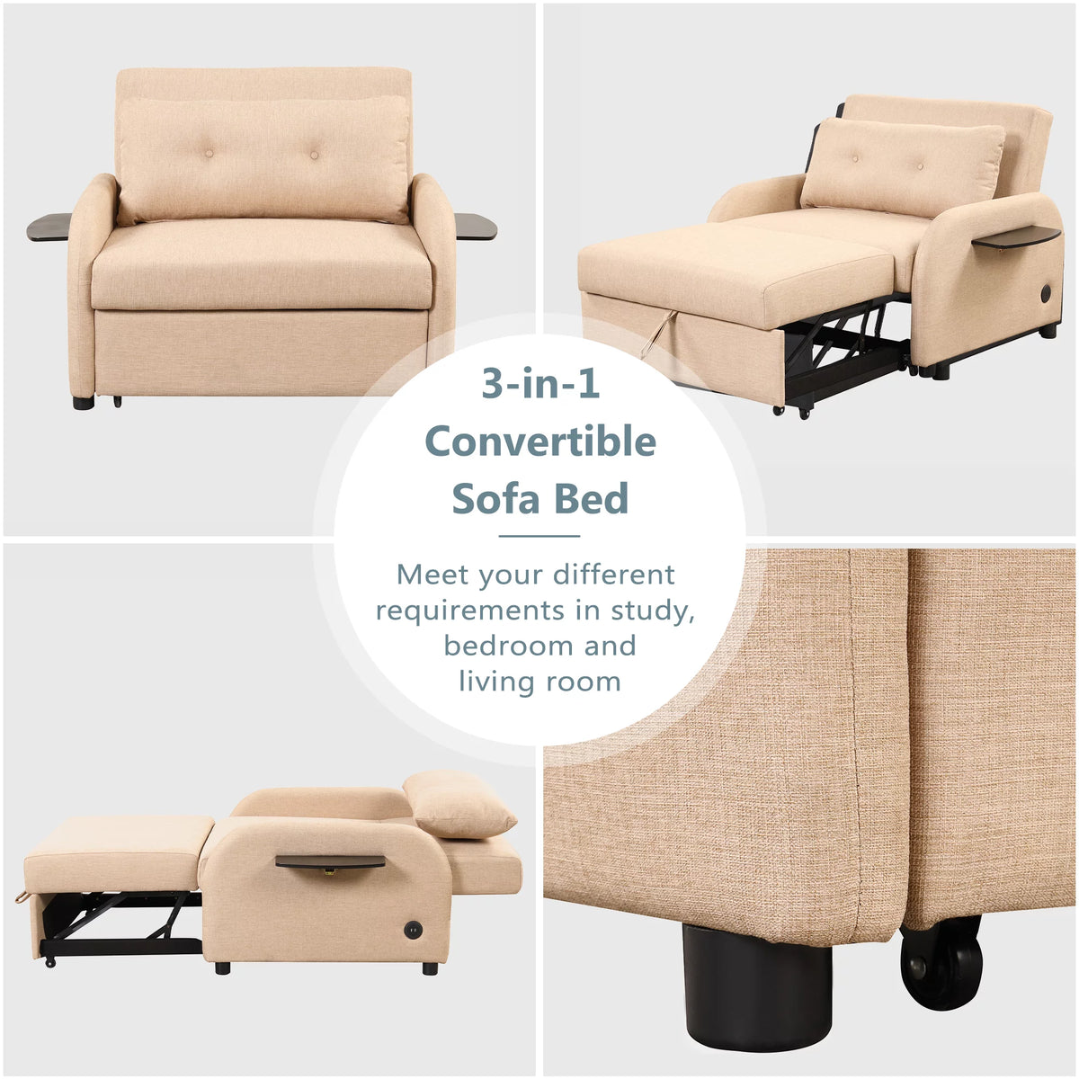 Beige 3 in 1 Pull Out Sofa Sleeper with 2 Wing Table and USB Charge F4617