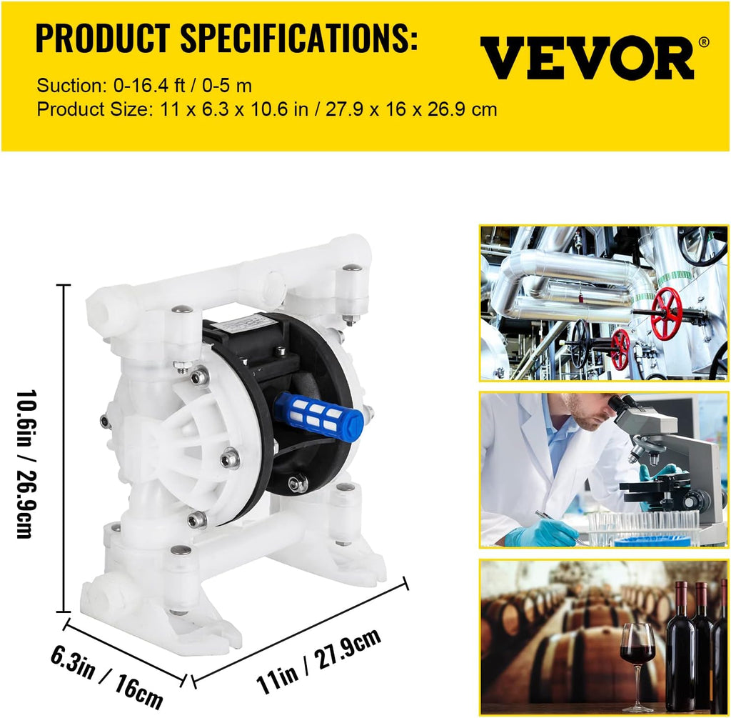1/2 inch Air-Operated Double Diaphragm Pump 7GPM Max Flow Pneumatic Nitrile 100PSI A467