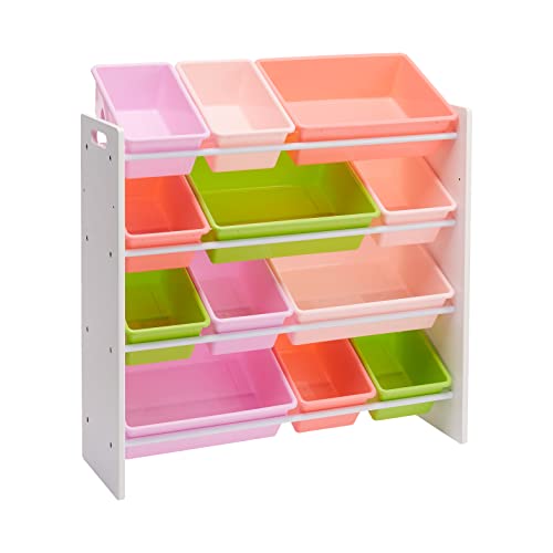 White Wood Kids Toy Storage Organizer with 12 Plastic Pink Bins H3470