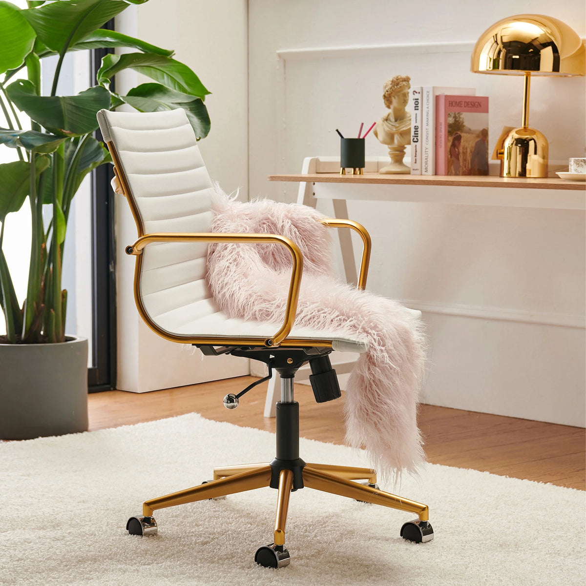 White Leather Adjustable Swivel Office Chair A3428