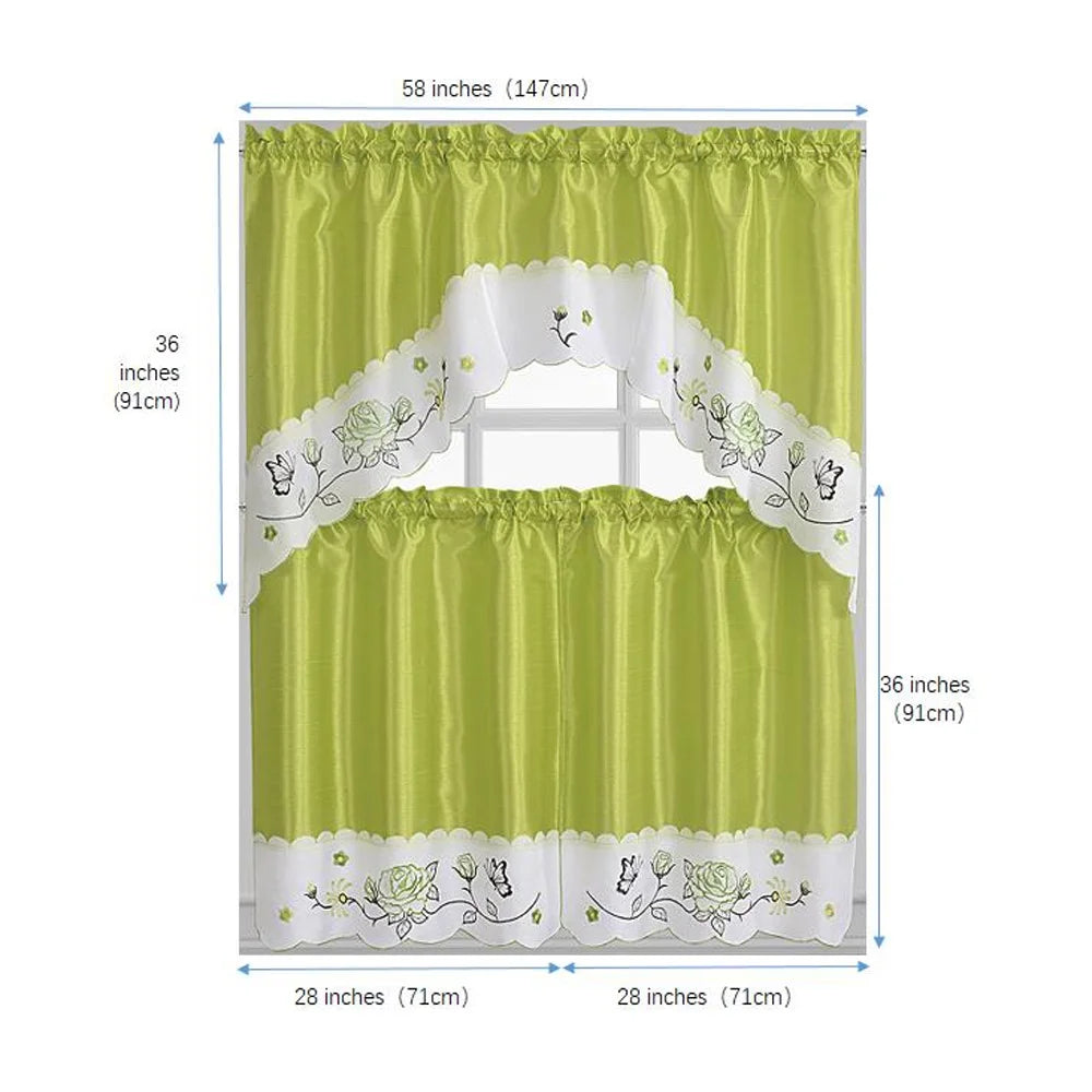 Green Embroidered 3-Piece Kitchen Curtain Tiers & Swag Set, 58x36 & 28x36 inches Y57718