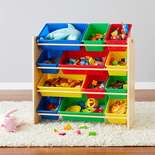 White Wood Kids Toy Storage Organizer with 12 Plastic Pink Bins H3470