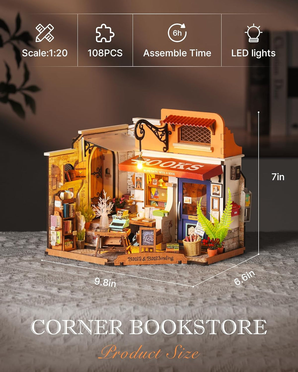 DIY Miniature House Kit 1:20 Scale Bookstore with LED Lights Q9311
