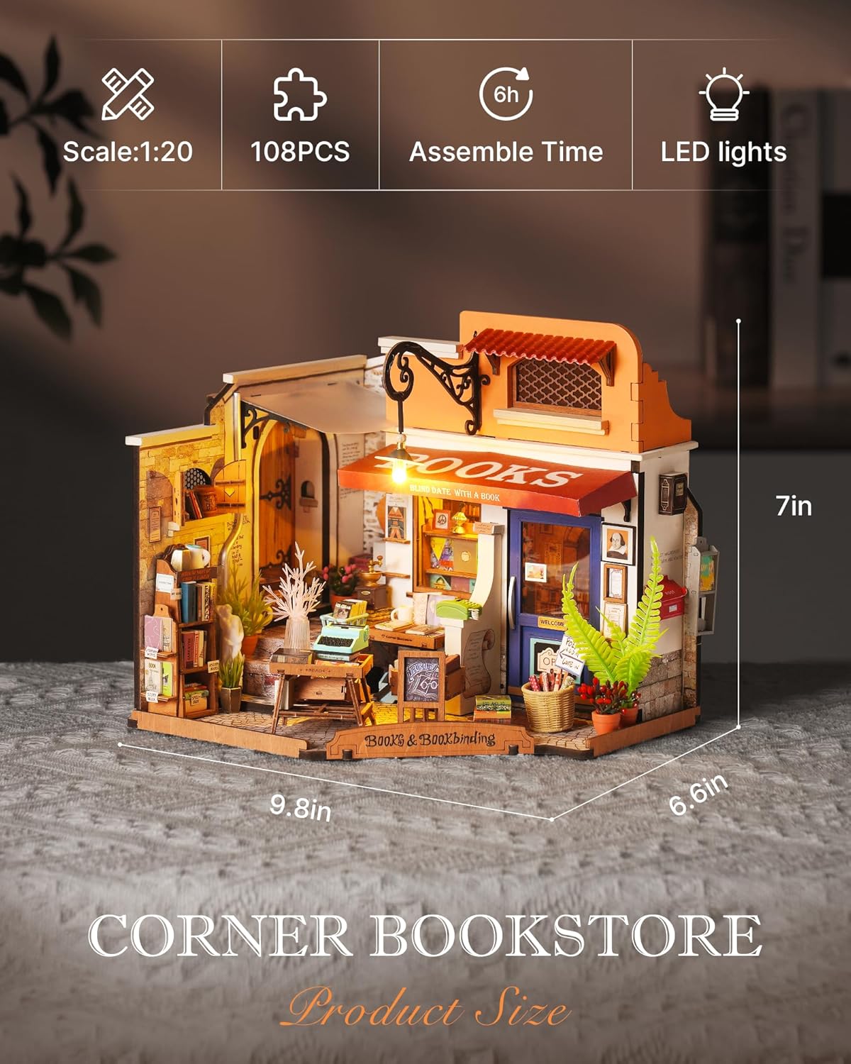 DIY Miniature House Kit 1:20 Scale Bookstore with LED Lights Q9311