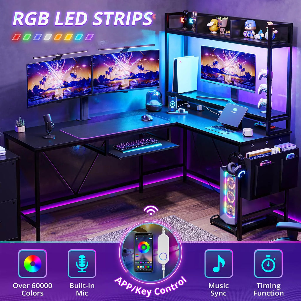 L Shaped Computer Desk with Power Outlet and LED Strip, Black S57414