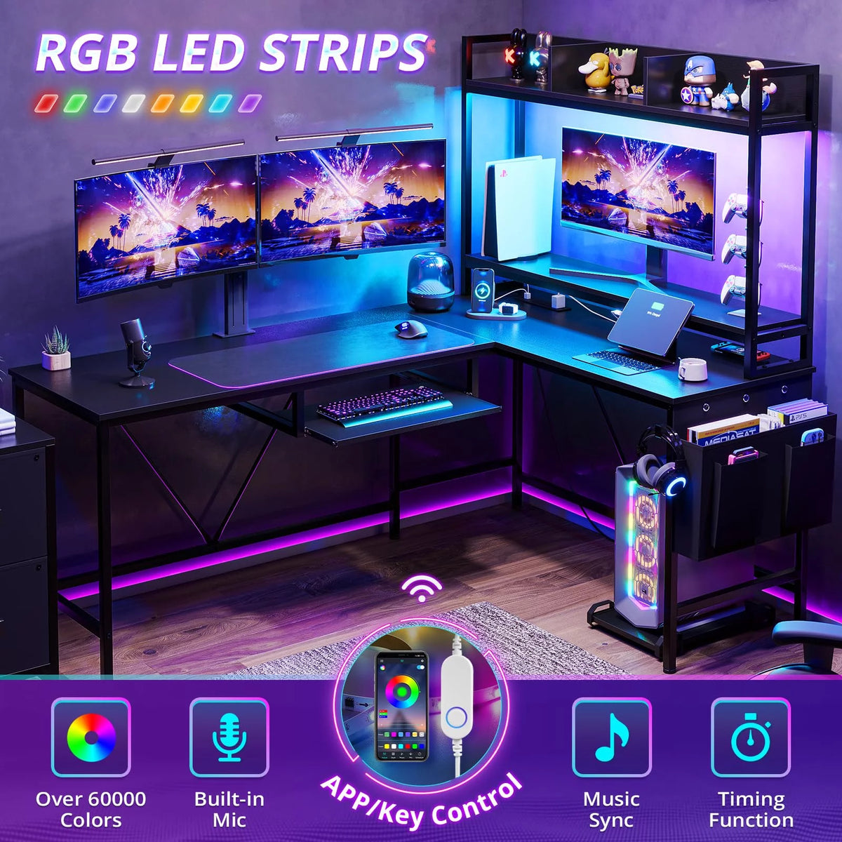 L Shaped Computer Desk with Power Outlet and LED Strip, Black S57414
