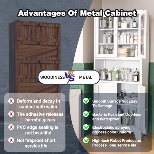 Tall White Metal Storage Cabinet with 3 Adjustable Shelves and 2 Doors J6974