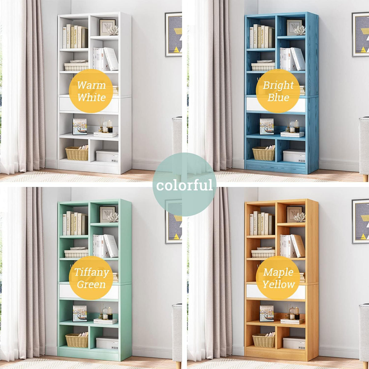 Bright Blue 8 Cubes Wooden Bookcase with Drawer J61506