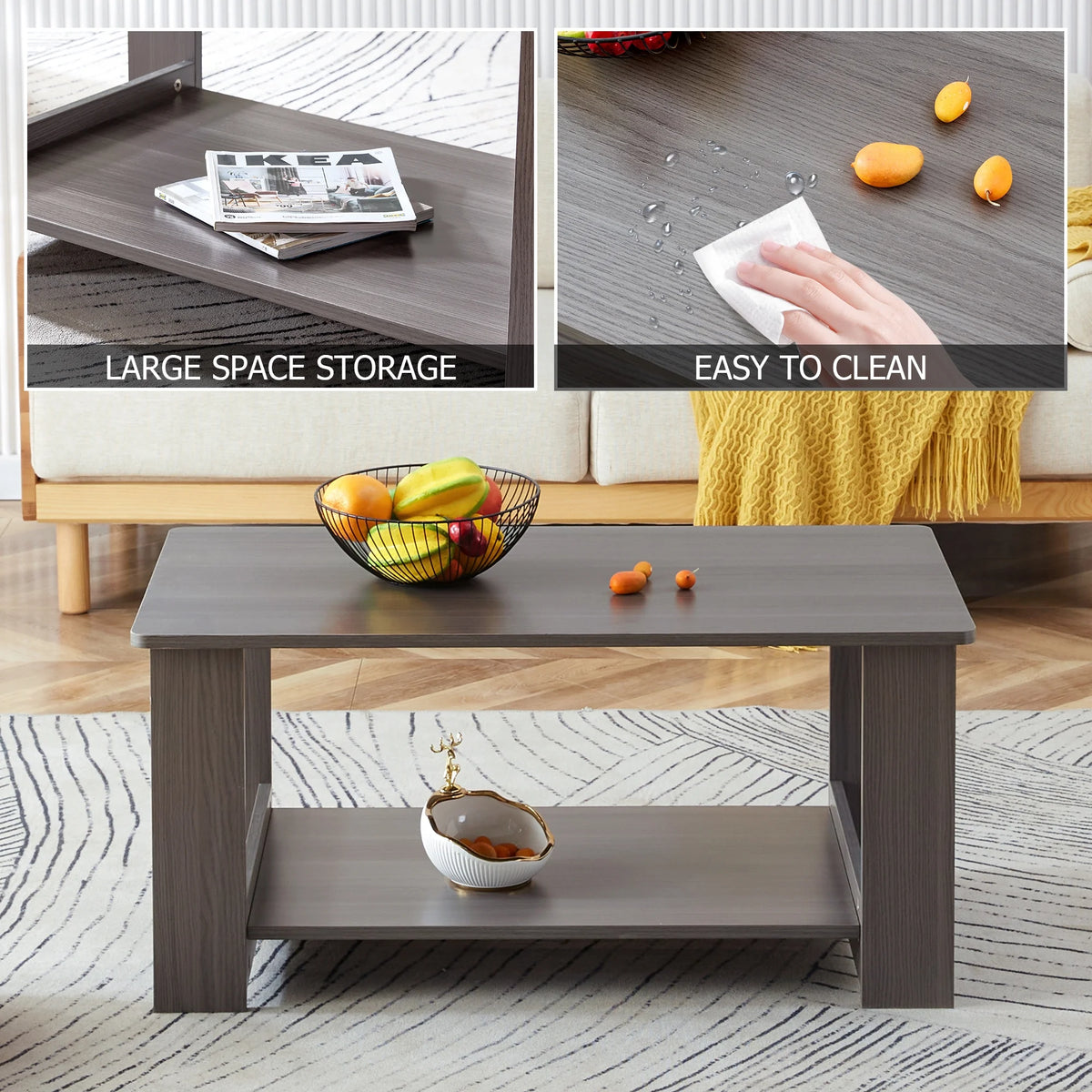 Gray Wood Grain Double Layered Rectangular Coffee Table Q243