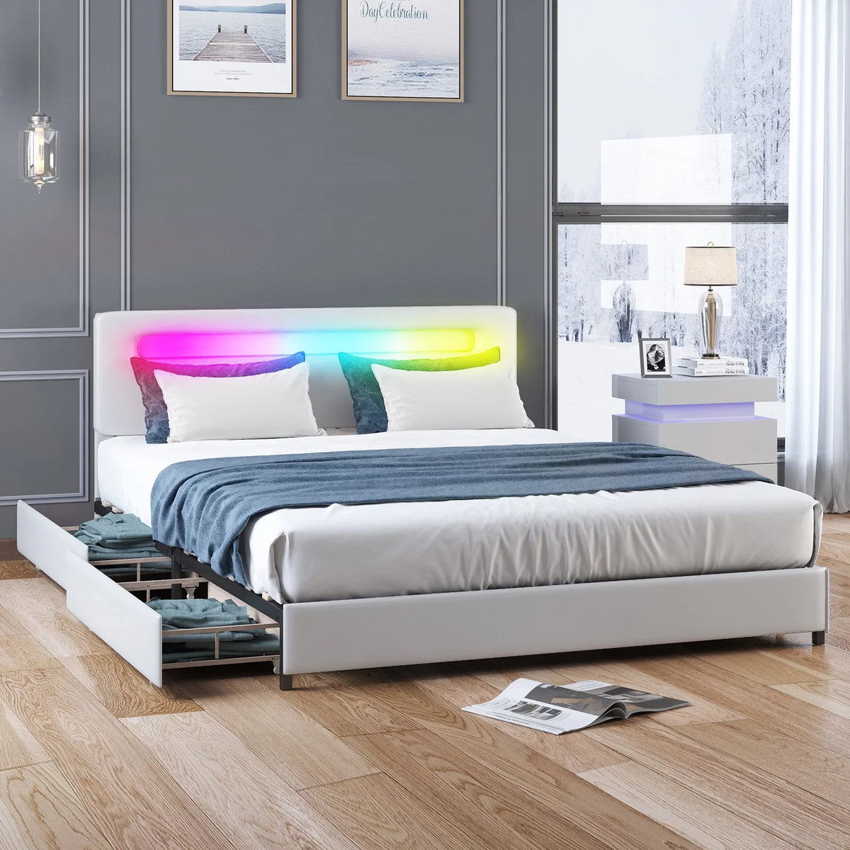King Bed Frame with 4 Storage Drawers, Adjustable Headboard, White U108