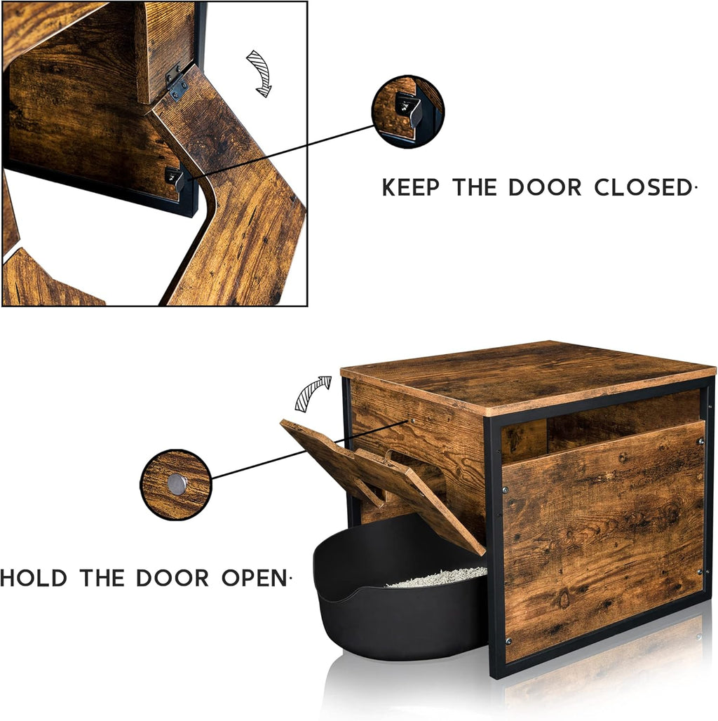 Rustic Brown and Black Cat Litter Box Enclosure with Magnetic Door Q2216