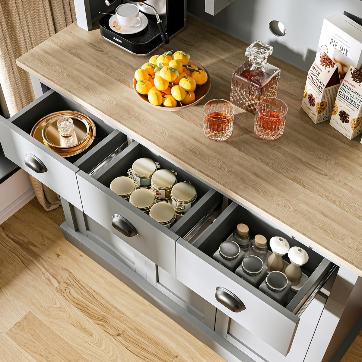 Grey Kitchen Hutch Storage Cabinet with Countertop and Drawers B221433