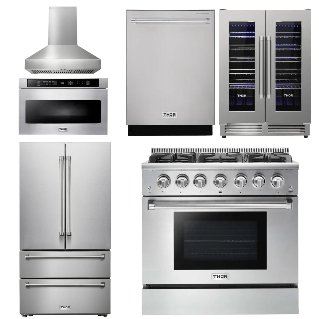 36 Gas Range, Range Hood, Microwave, Refrigerator, Dishwasher, Wine Cooler C726