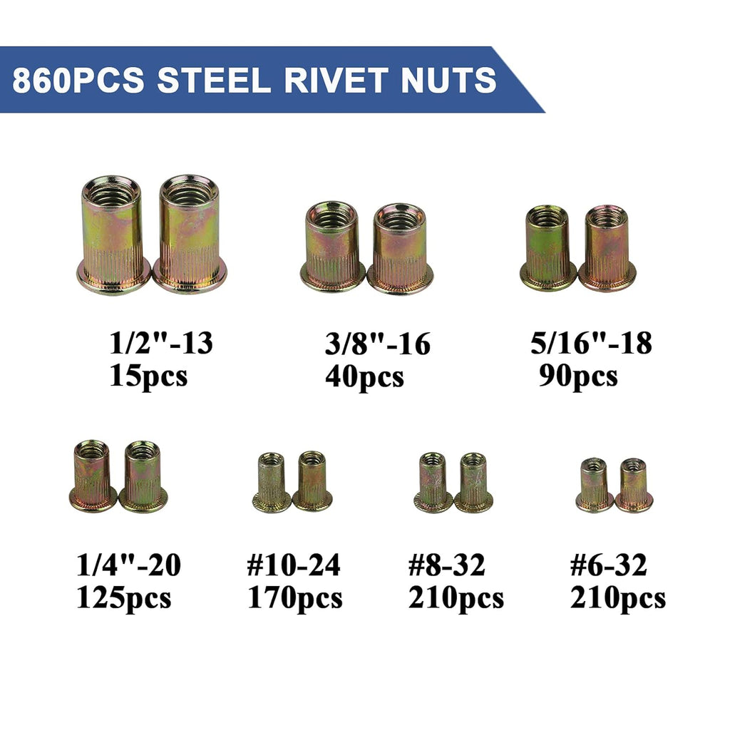 860pcs Rivet Nut Kit, SAE UNC Assortment, Zinc Plated Carbon Steel Flat Head Insert Threaded Rivet Nut Tool Kit with Case I1820