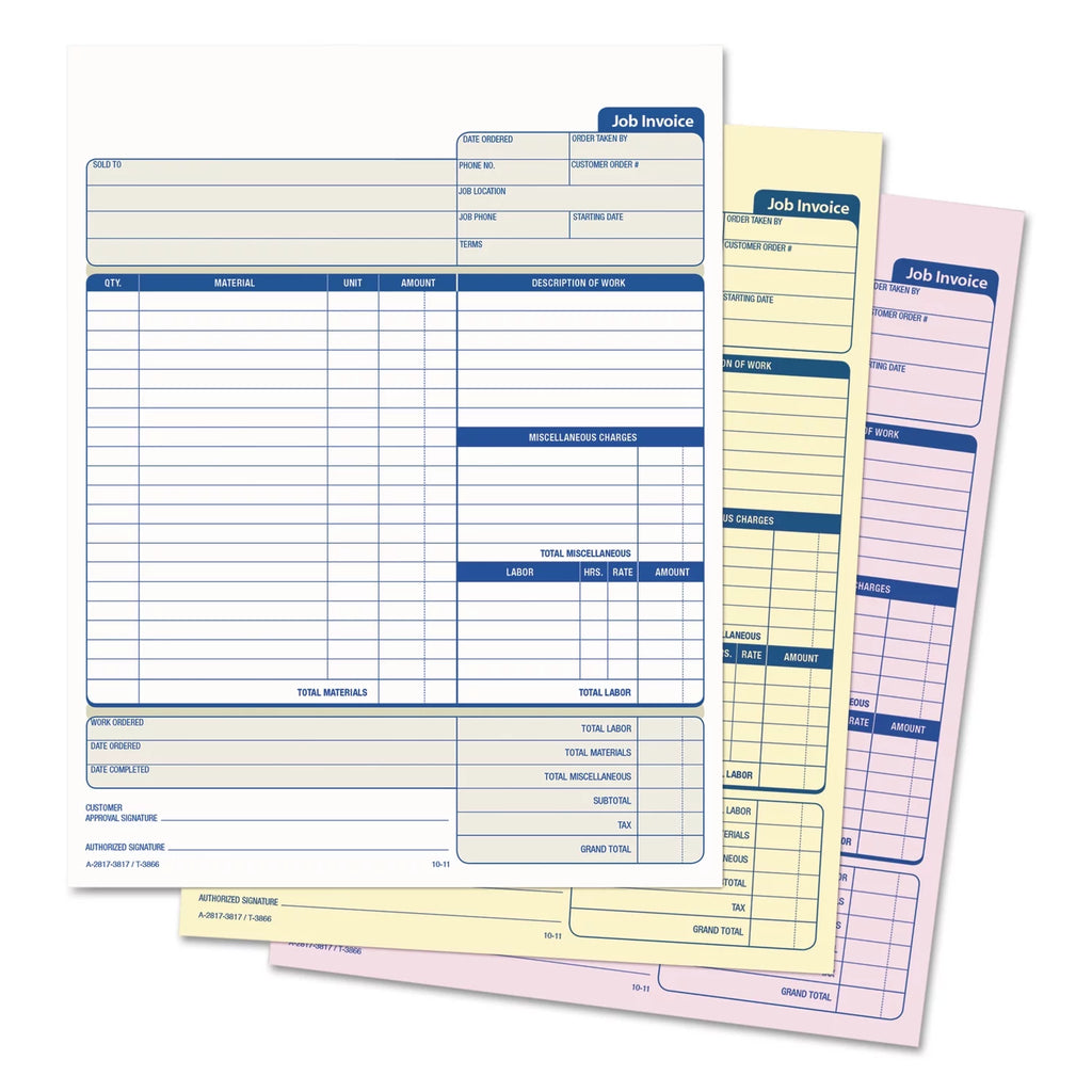 Three-Part Carbonless Job Invoice Forms, 50 / Pack R71808