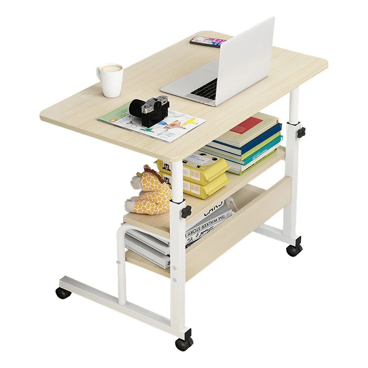 Beige 3-Tier Mobile Laptop Desk with Rolling Wheels K647