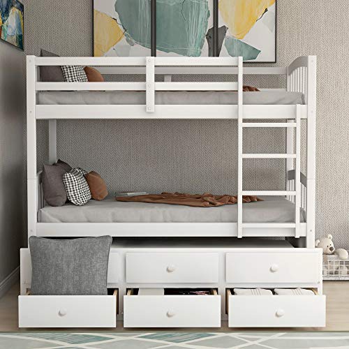 White Twin Bunk Bed with Ladder, Safety Rail and Trundle F39568