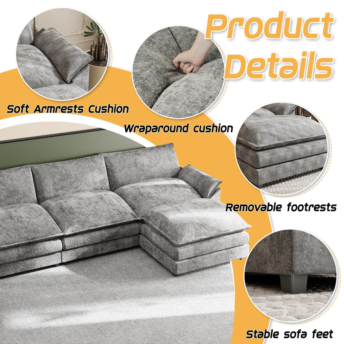 U-Shape 4 Seat Sectional Sofa with Chaise Lounge Gray P84535
