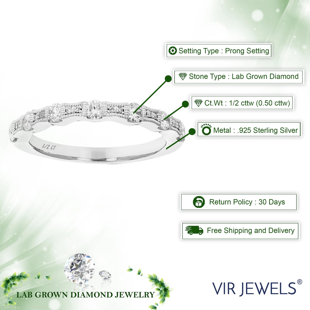 1/2 CTTW Lab Grown Diamond Wedding Band .925 Sterling Silver Prong Size 7 A994