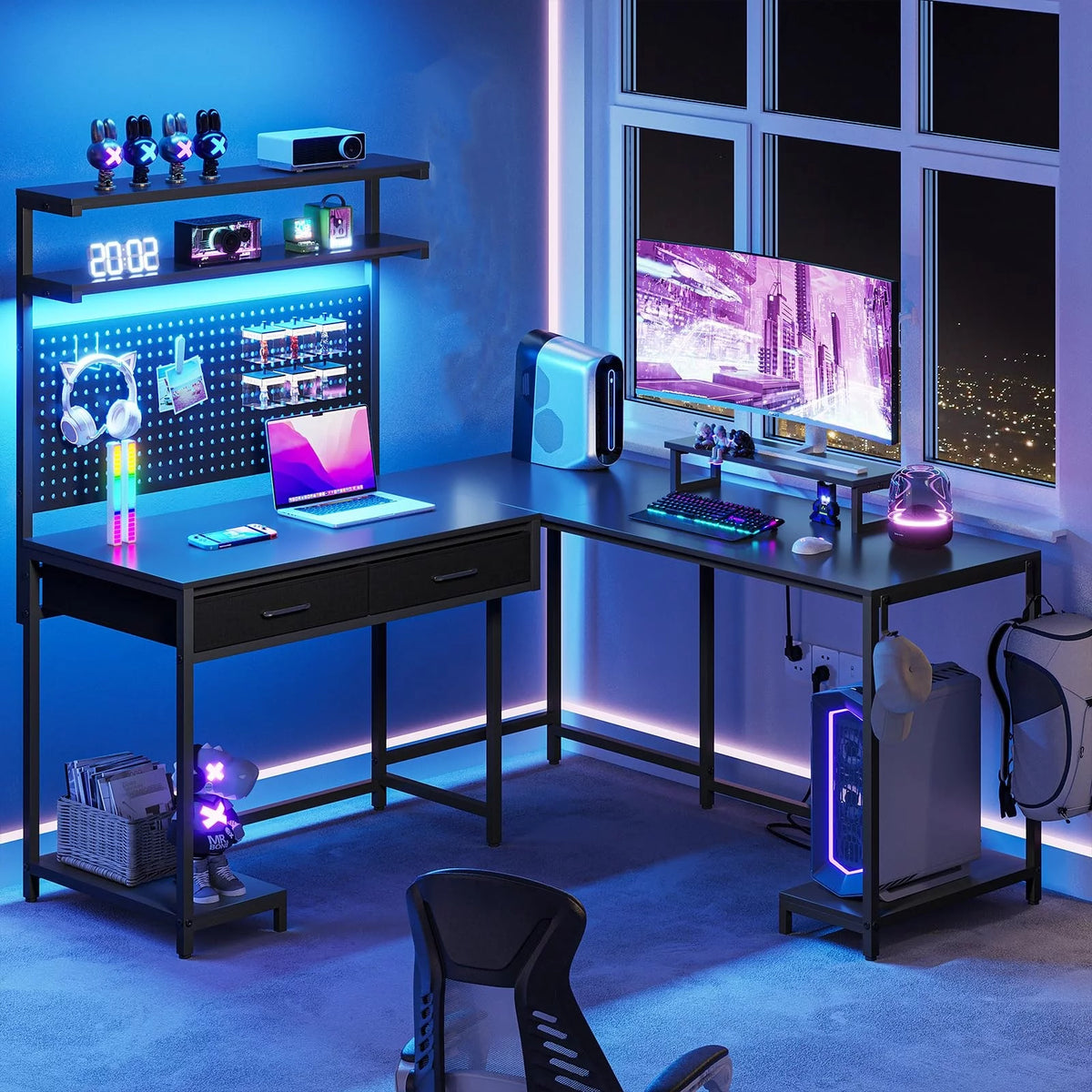 Black L Shaped Desk with LED Lights and Storage Shelves G476