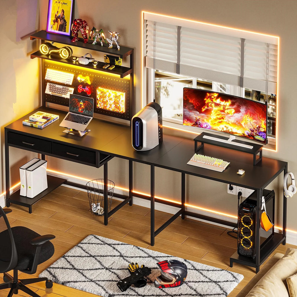 Black L Shaped Desk with LED Lights and Storage Shelves G476
