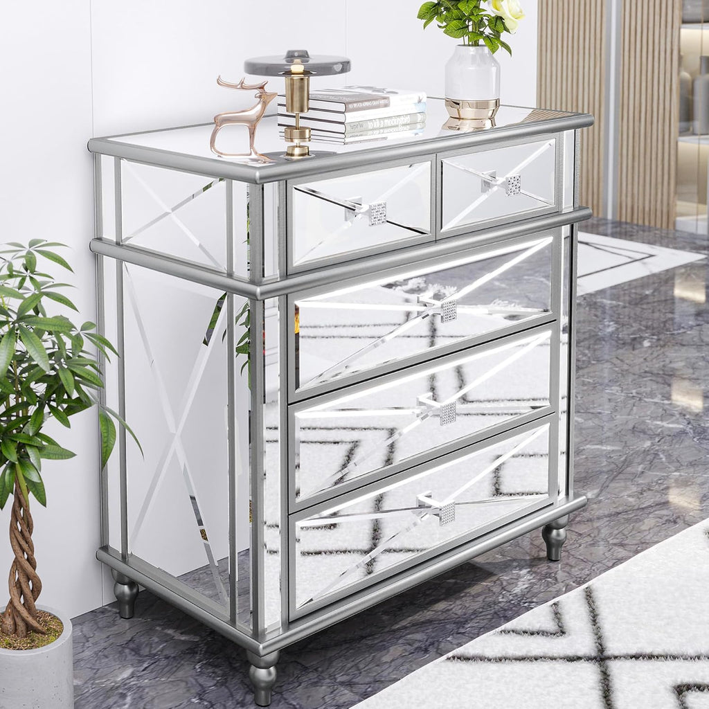 Silver Mirrored 5 Drawer Dresser with Wood Legs N8226