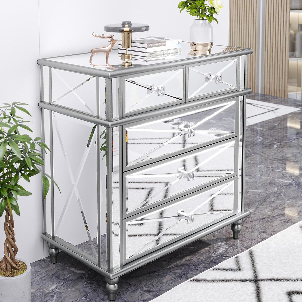 Silver Mirrored 5 Drawer Dresser with Wood Legs N8226