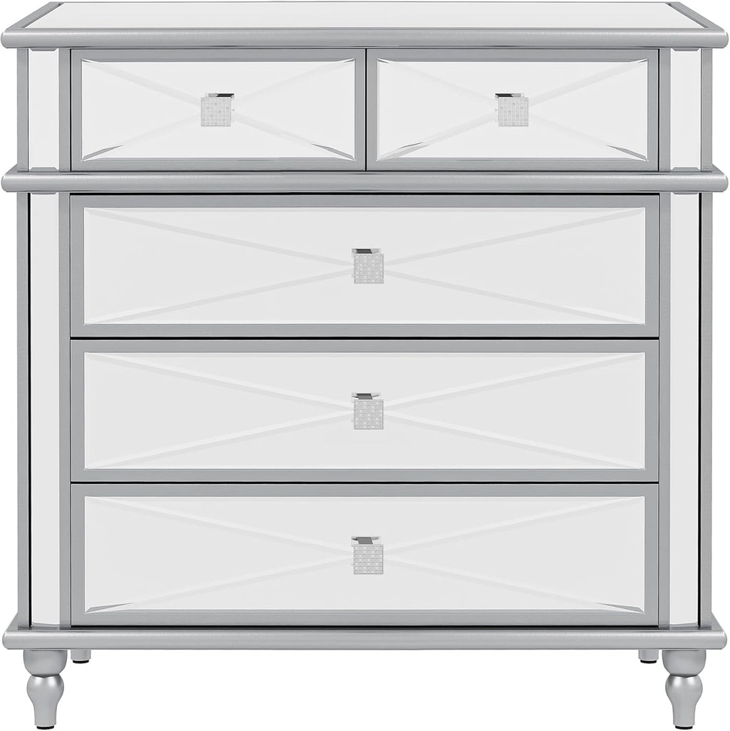 Silver Mirrored 5 Drawer Dresser with Wood Legs N8226