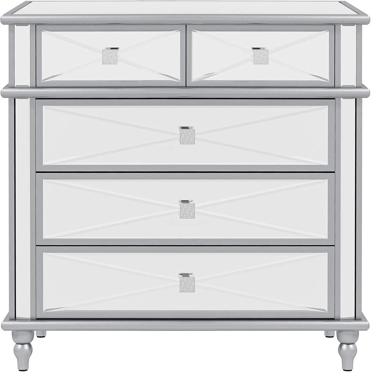 Silver Mirrored 5 Drawer Dresser with Wood Legs N8226