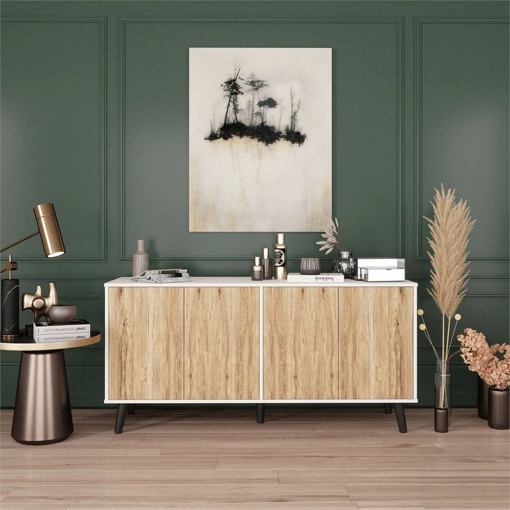 White & Natural Sideboard Buffet Cabinet with Storage U9249