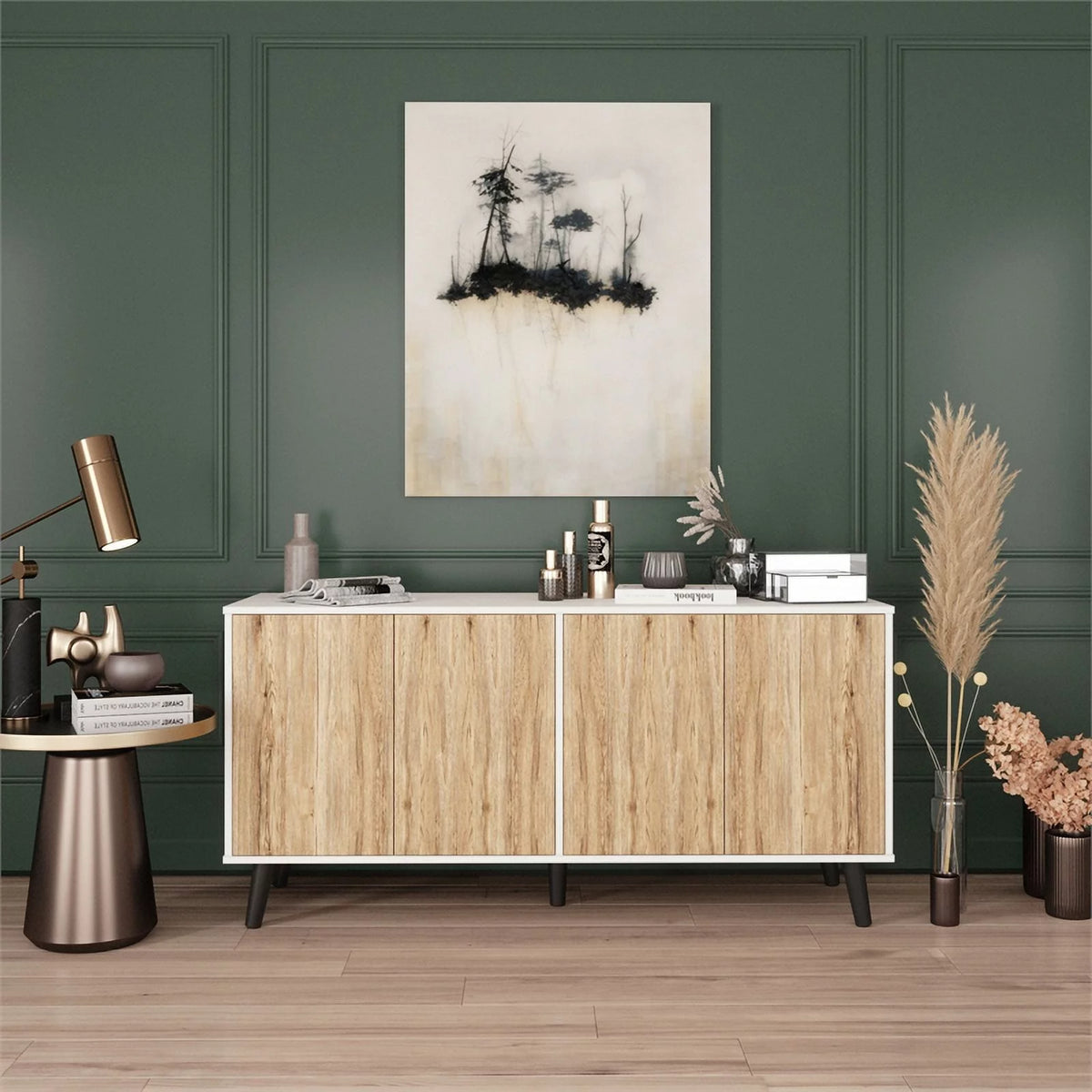 White & Natural Sideboard Buffet Cabinet with Storage U9249