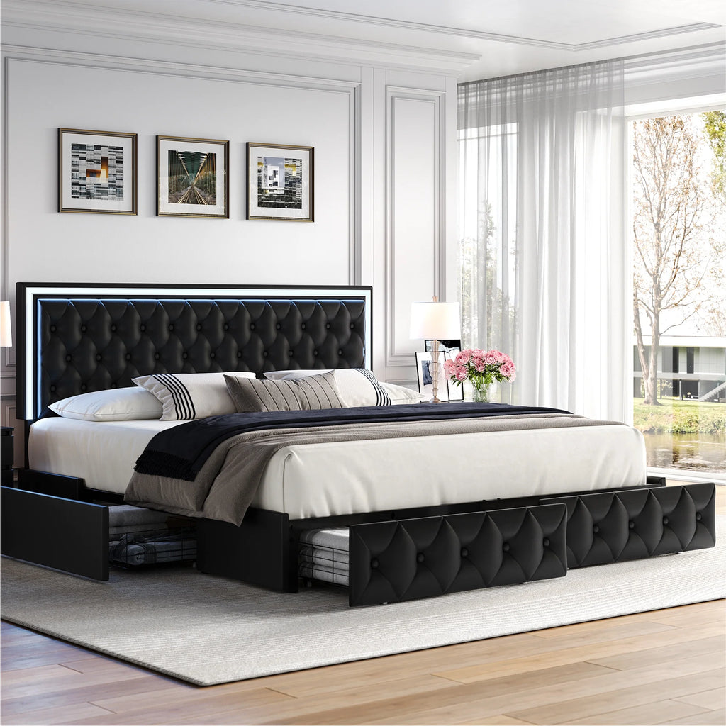 Queen LED Platform Bed Frame with 4 Storage Drawers Q190731