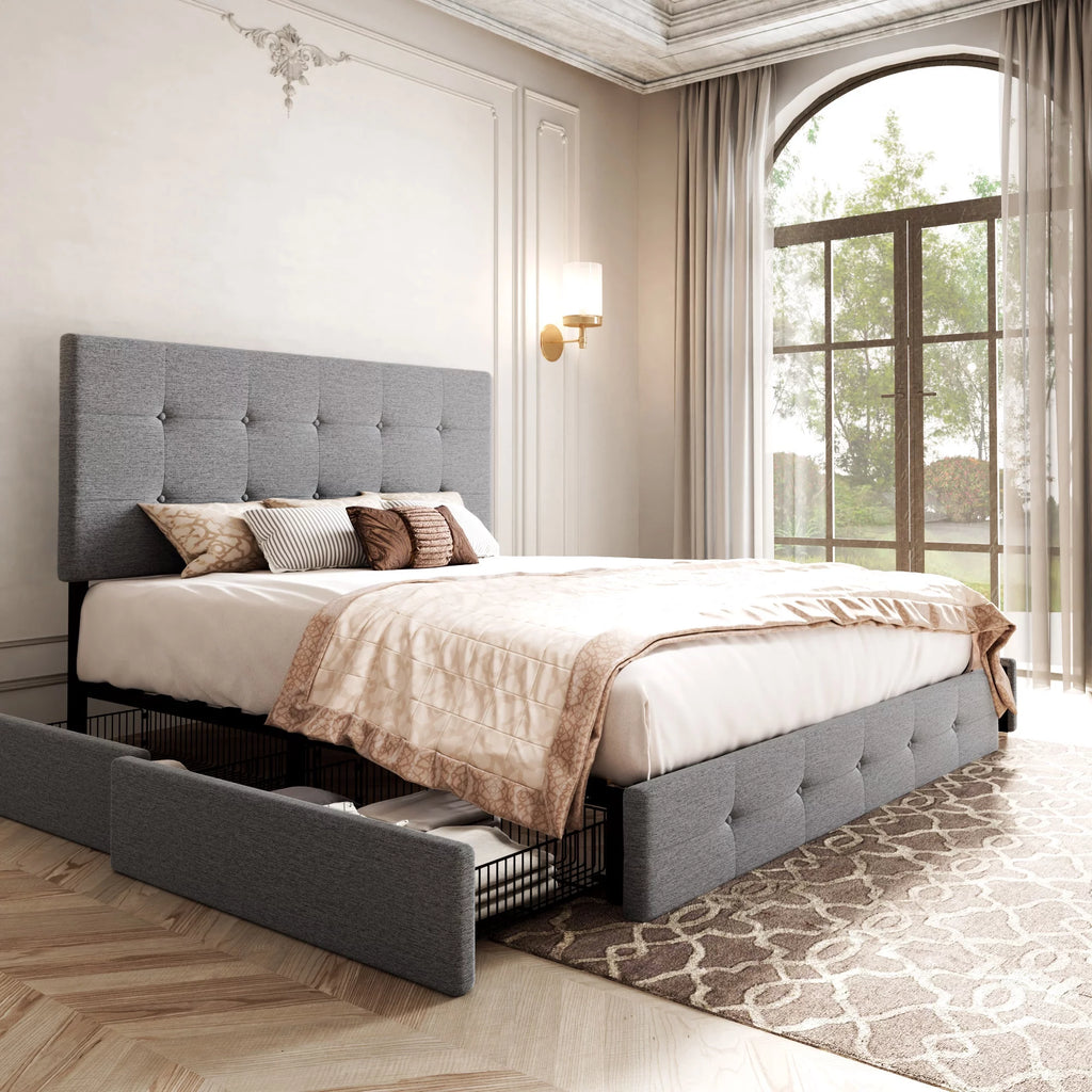 Light Grey Queen Platform Bed Frame with 4 Drawers Storage D28031